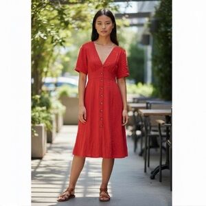 Loveriche Red Dress midi linen blend v neck short puff sleeves front button sz L